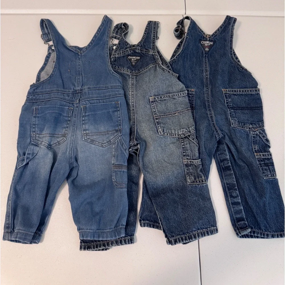 Lot of 3 OshKosh B'Gosh Genuine Kids Denim Overalls Blue 12 Months bb